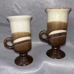 Vintage 70s Otagiri Stoneware Irish Coffee Mugs Footed Brown Swirl Set of 2 EUC